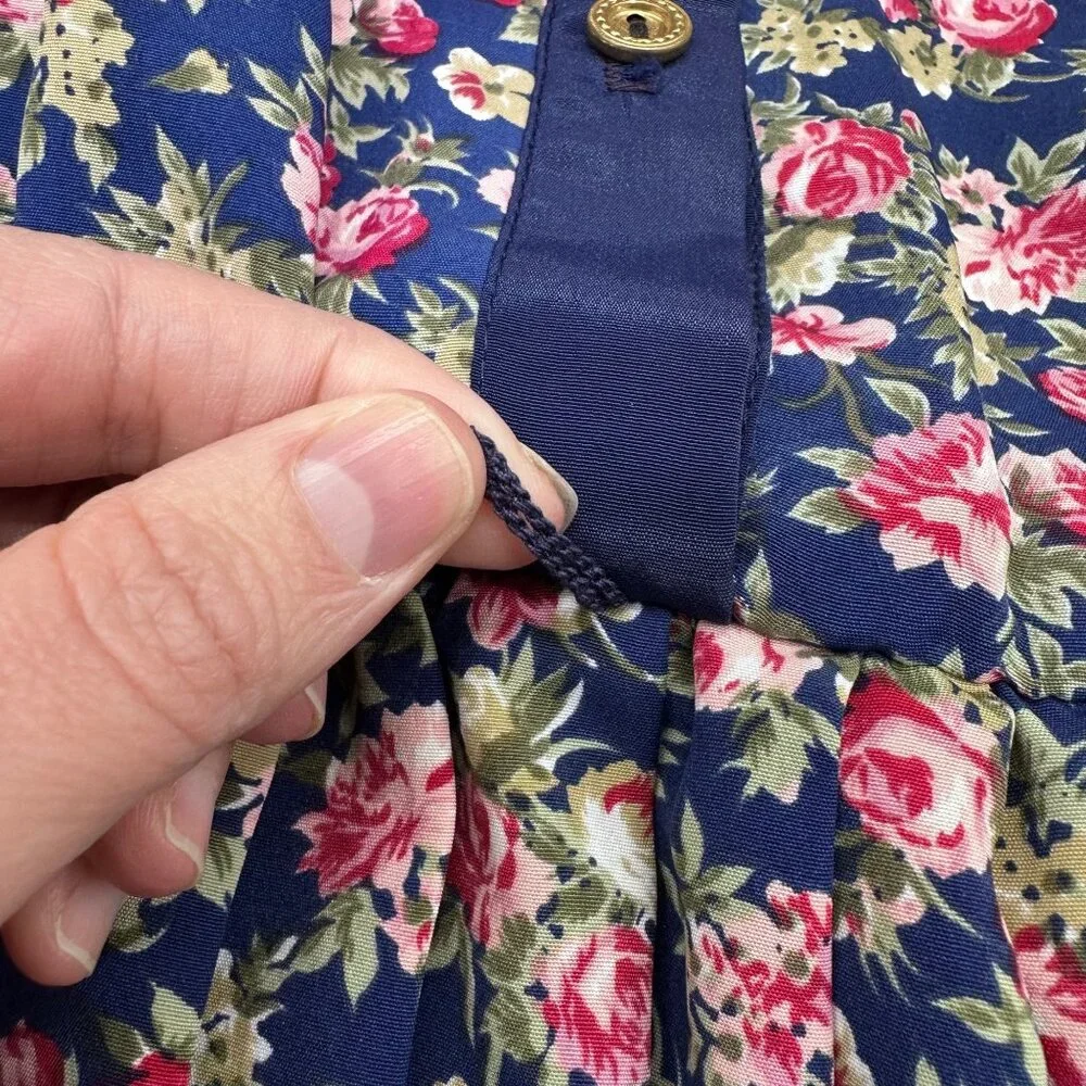 Vintage Floral Pleated Dress Navy Blue Pink Rose 80s Union Made USA Button Front - Picture 7 of 9